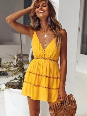 Hello Molly Yellow Boho Romper With Crochet Trim